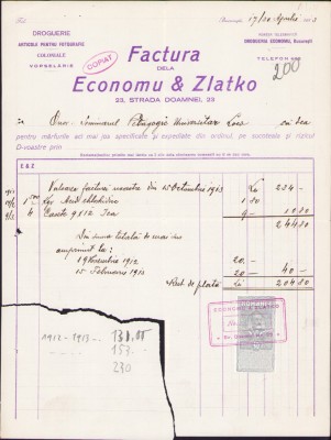 HST A812 Factură 1913 Economu &amp;amp; Zlatko București drogherie coloniale fotografie foto