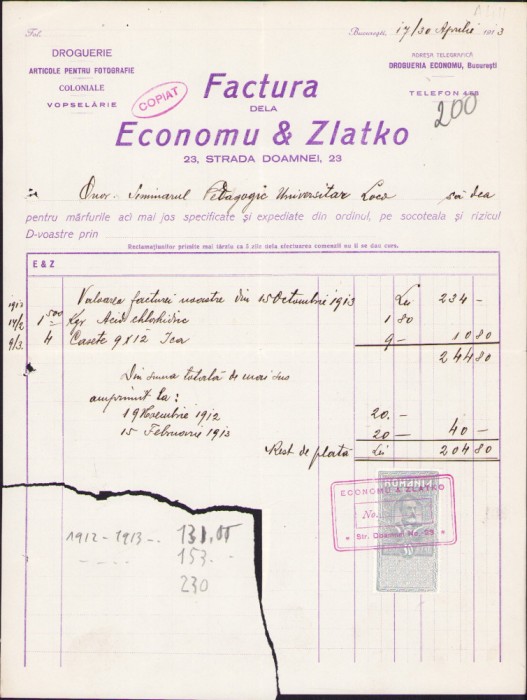 HST A812 Factură 1913 Economu &amp; Zlatko București drogherie coloniale fotografie