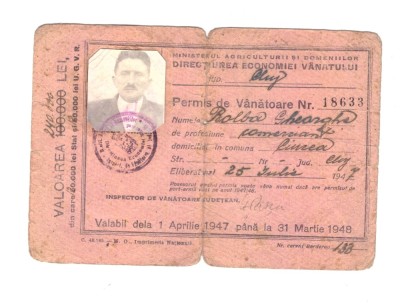 Permis de vanatoare 1947 foto