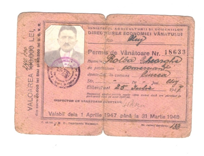 Permis de vanatoare 1947