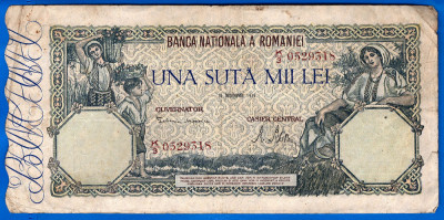 (39) BANCNOTA ROMANIA - 100.000 LEI 1946 (20 DECEMBRIE 1946), FILIGRAN ORIZONTAL foto