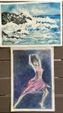 Lot doua lucrari Ana Teodorescu / 1 acuarela carton subtire 35 x 25 + 1 Dansatoare tehnica mixta 36 x 24 / arta romaneasca, tablouri, semnatura, Marine, Realism