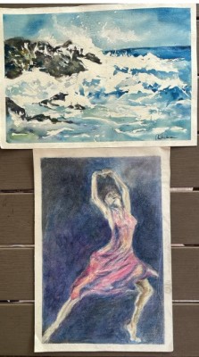 Lot doua lucrari Ana Teodorescu / 1 acuarela carton subtire 35 x 25 + 1 Dansatoare tehnica mixta 36 x 24 / arta romaneasca, tablouri, semnatura foto