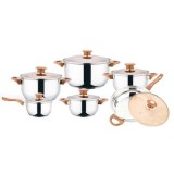 Set 12 piese, cu 6 vase din inox, 6 capace din sticla, manere reci, compatibile cu plita electrica si cu inductie, argintiu