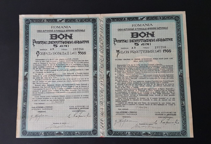 Bon 1941 pt inzestrarea armatei / titlu 3500 - 1500 lei / actiune / WW2