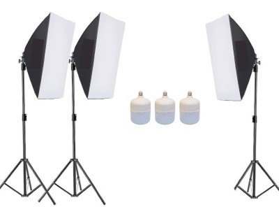 Kit de 3 softboxuri, 3 trepiezi reglabili 200 cm, 3 becuri LED 50W foto