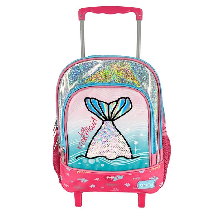 Ghiozdan troler pentru gradinita Glitter Coada de sirena Fanatee, 56 cm inaltime, maner tip P