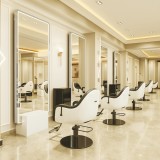 Consolă profesională pentru coafură, frizerie și cosmetică, cu oglindă LED 190x80 cm, argintie, cu bază din piatră