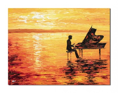 Tablou pianistul 3D pictat manual, Pianist stilizat, 80x60cm ulei pe panza foto