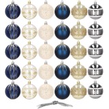 Cumpara ieftin Set 30 globuri de Craciun, 6 cm, 6 modele, cu snur, bleumarin, auriu, argintiu, alb
