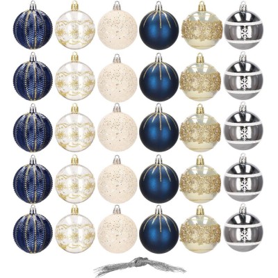 Set 30 globuri de Craciun, 6 cm, 6 modele, cu snur, bleumarin, auriu, argintiu, alb foto