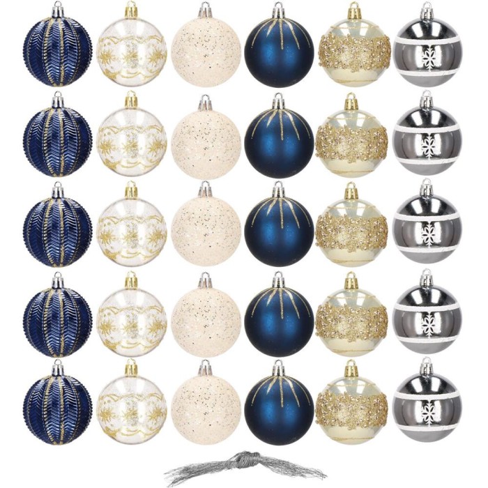Set 30 globuri de Craciun, 6 cm, 6 modele, cu snur, bleumarin, auriu, argintiu, alb