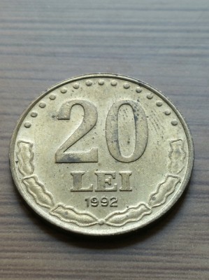 Moneda Romania 20 lei 1992 aUnc -Luciu de batere foto