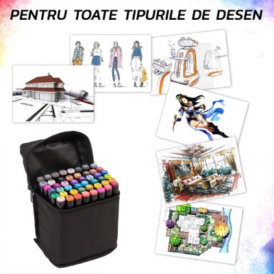 Set 48Markere Eliandeco &amp;reg;, Cu 2 Varfuri Intens Colorate, Geanta De Depozitare Inclusa, Pentru Toate Tipurile De Desen, Multicolor foto