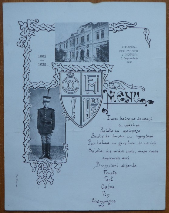 Meniu, Otopeni, Regimentul 2 Pionieri, 1932, semnat de ofiterii Regimentului
