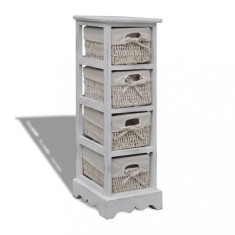 vidaXL Dulap de depozitare din lemn, 4 coșuri &icirc;mpletite, alb 240797