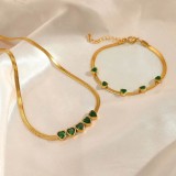 Colier Și Brățară Aurii, Placat Aur 14K, Cu Cristale Verzi &Icirc;n Formă De Inimă