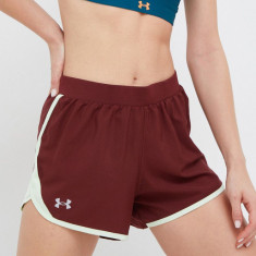 Under Armour pantaloni scurți de alergare femei, culoarea bordo, neted, medium waist