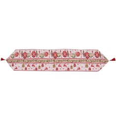 Traversa de masa pentru craciun, flippy, napron, din material tricotat cu tesatura groasa, model globuri, reni si cadouri, cu colt si ciucure, 173x34x