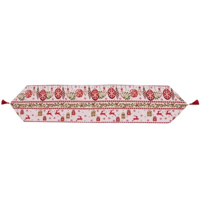 Traversa de masa pentru craciun, flippy, napron, din material tricotat cu tesatura groasa, model globuri, reni si cadouri, cu colt si ciucure, 173x34x foto