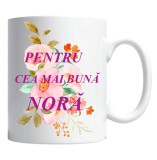 Cana alba personalizata &quot;pentru cea mai buna nora, pink flowers&quot;, INOVATIX&reg;. 330ml