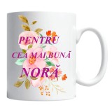 Cana alba personalizata &quot;pentru cea mai buna nora, pink flowers&quot;, INOVATIX&reg;. 330ml
