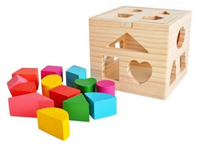 Cub educativ pentru bebelusi,margini fine,13 forme geometrice din lemn - Multicolor foto