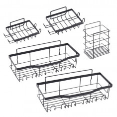 Set 5 rafturi baie, cu carlige si 2 suporturi pentru sapun negru