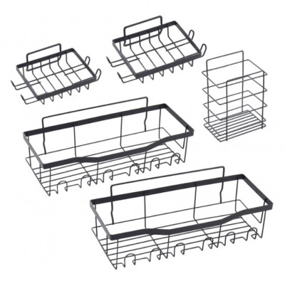 Set 5 rafturi baie, cu carlige si 2 suporturi pentru sapun negru foto