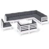 Set mobilier gradina cu perne, 11 piese, alb, lemn masiv pin