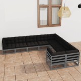 vidaXL Set mobilier grădină cu perne, 9 piese, gri, lemn masiv de pin 3077036