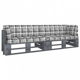 Canapea din paleți cu 2 locuri, cu perne, lemn pin gri tratat