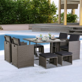 Cumpara ieftin Outsunny Set Mobilier de Gradina Extern 9 bucati Masa cu 4 Scaune 4 Taburet in Rattan, Maro