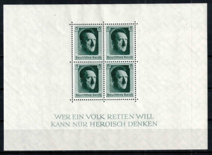 Germania Reich 1937, Mi #646 = Bl 7, Ziua de nastere a lui Adolf Hitler, MNH, cota 70 &euro;!