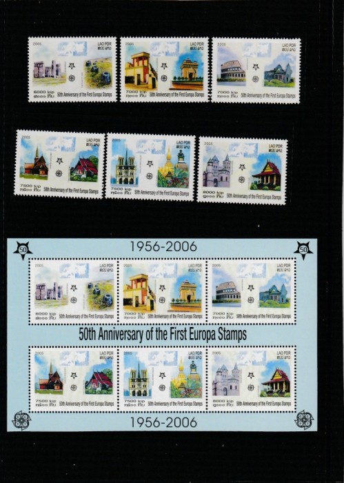 Laos (Lao PDR) 2005 - 50 ani Europa CEPT,serie 6 valori si bloc 6 valori nedantelate,MNH Mi.1973B-1978B , Bl.194B