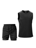 Set sport barbati 2 piese cu maiou lejer si pantaloni scurti dubli, respirabil, fitness casual, Negru - XS