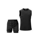 Set sport barbati 2 piese cu maiou lejer si pantaloni scurti dubli, respirabil, fitness casual, Negru - XS