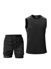 Set sport barbati 2 piese cu maiou lejer si pantaloni scurti dubli, respirabil, fitness casual, Negru - XS