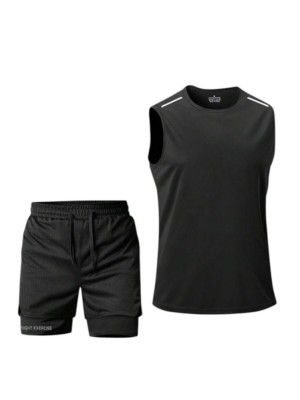 Set sport barbati 2 piese cu maiou lejer si pantaloni scurti dubli, respirabil, fitness casual, Negru - XS foto