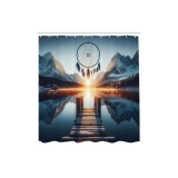 Perdea de duș Peisaj cu apus de soare și lac acoperit de zăpadă, material cu c&acirc;rlige &ndash; Albastru-argintiu Portocaliu 175x200 cm