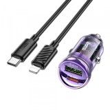 Incarcator Auto Cu Cablu Lightning HOCO Z53A, 30W, 3A, 1 x USB-A - 1 x USB-C, Mov, Apple