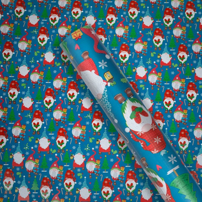H&acirc;rtie de &Icirc;mpachetat Crăciun, Bleu, 300x70cm, Model Gnomi