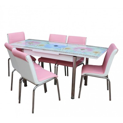 Set masa sticla 6 scaune Nr98 Pembe Mavi Cicek foto
