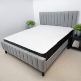 Cumpara ieftin Set pat dublu Erzon, elemente lemn masiv, tapitat cu stofa, somiera inclusa, gri si saltea ortopedica Optima Silver Care, plasa de arcuri, reversibila