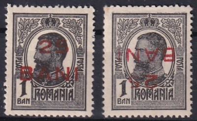 ROMANIA - 1918 CAROL I TIPOGRAFIATE SUPRATIPAR 25BANI - NORMAL + RANVERSAT foto