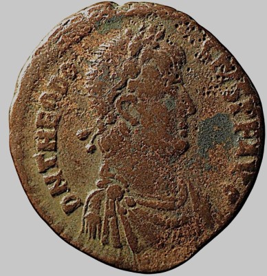 Theodosius (379-395 d.Hr.) - &amp;Icirc;mpărat peste Dacia. Folis - monedă romană autentică. Preț: 260 lei foto