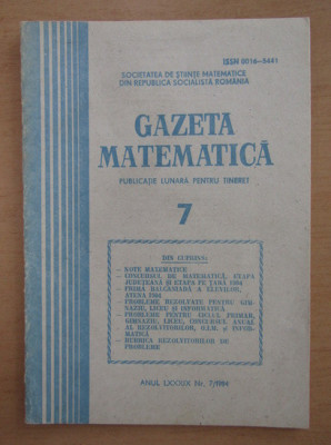 Revista Gazeta Matematica. Anul LXXXIX, nr. 7 / 1984 foto