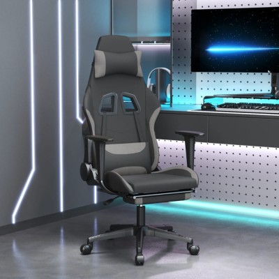 vidaXL Scaun gaming cu masaj/suport picioare, negru/gri deschis textil foto