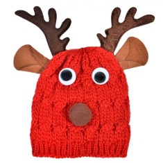 Caciulă Cerb Crăciun, Impletită, Acrilic 100%, Roșie, Pentru Adulți