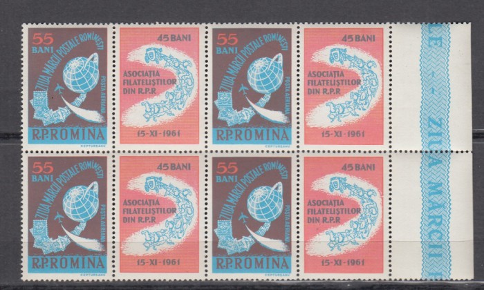 ROMANIA 1961 LP 530 a ZIUA MARCII POSTALE ROMANESTI BLOC 4 TIMBRE CU VINIETE MNH